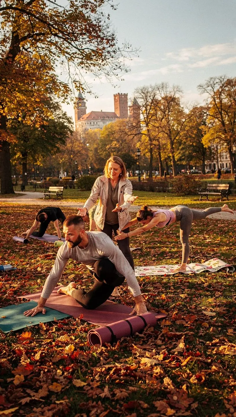 Instruktor prowadzący zajęcia jogi w dynamicznej pozie.