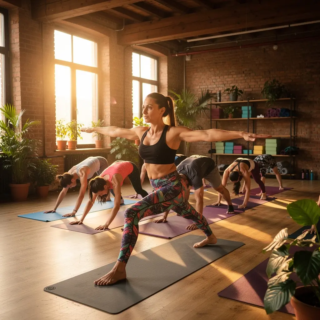 Grupa osób praktykujących intensywne asany w pięknym, naturalnym otoczeniu.