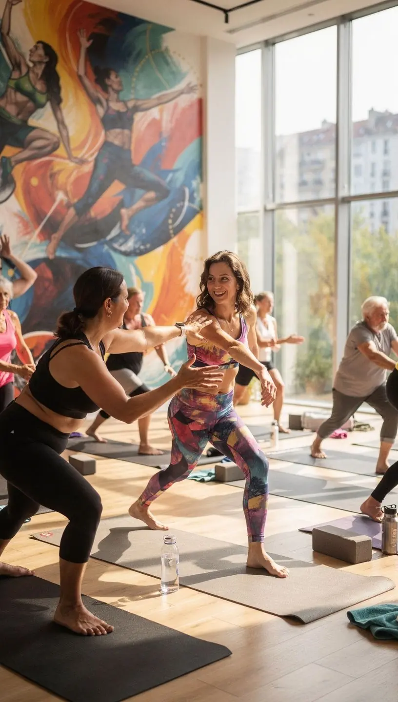 Grupa osób praktykujących intensywne asany w pięknym, naturalnym otoczeniu.