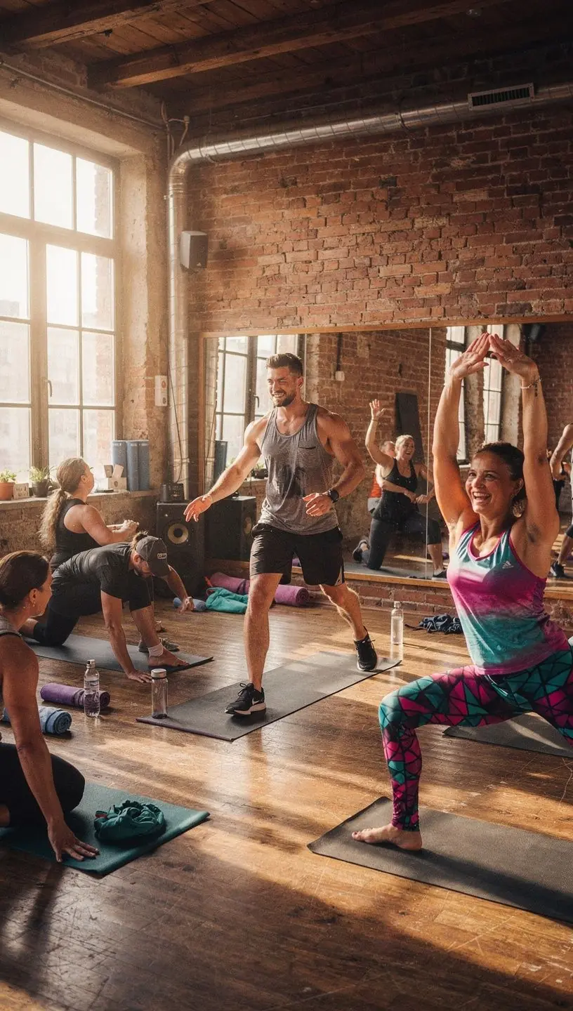 Grupa osób praktykujących intensywne asany w pięknym, naturalnym otoczeniu.