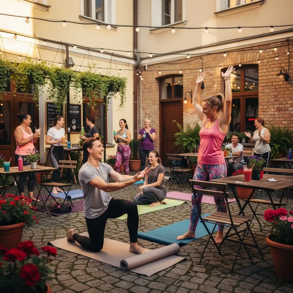 Grupa osób praktykujących intensywne asany w pięknym, naturalnym otoczeniu.