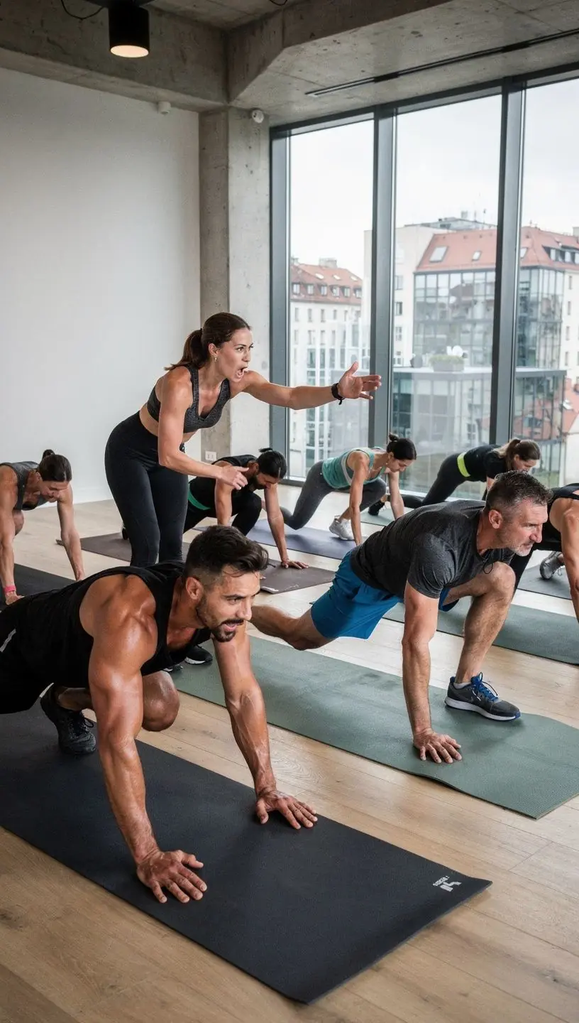 Grupa osób praktykujących intensywne asany w pięknym, naturalnym otoczeniu.